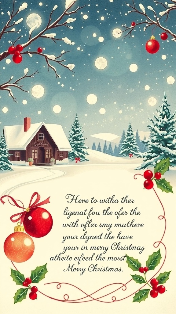Heartfelt Christmas Card Verses A festive Christmas card with a snowy scene, cabin, and Christmas tree, showcasing a heartfelt verse.